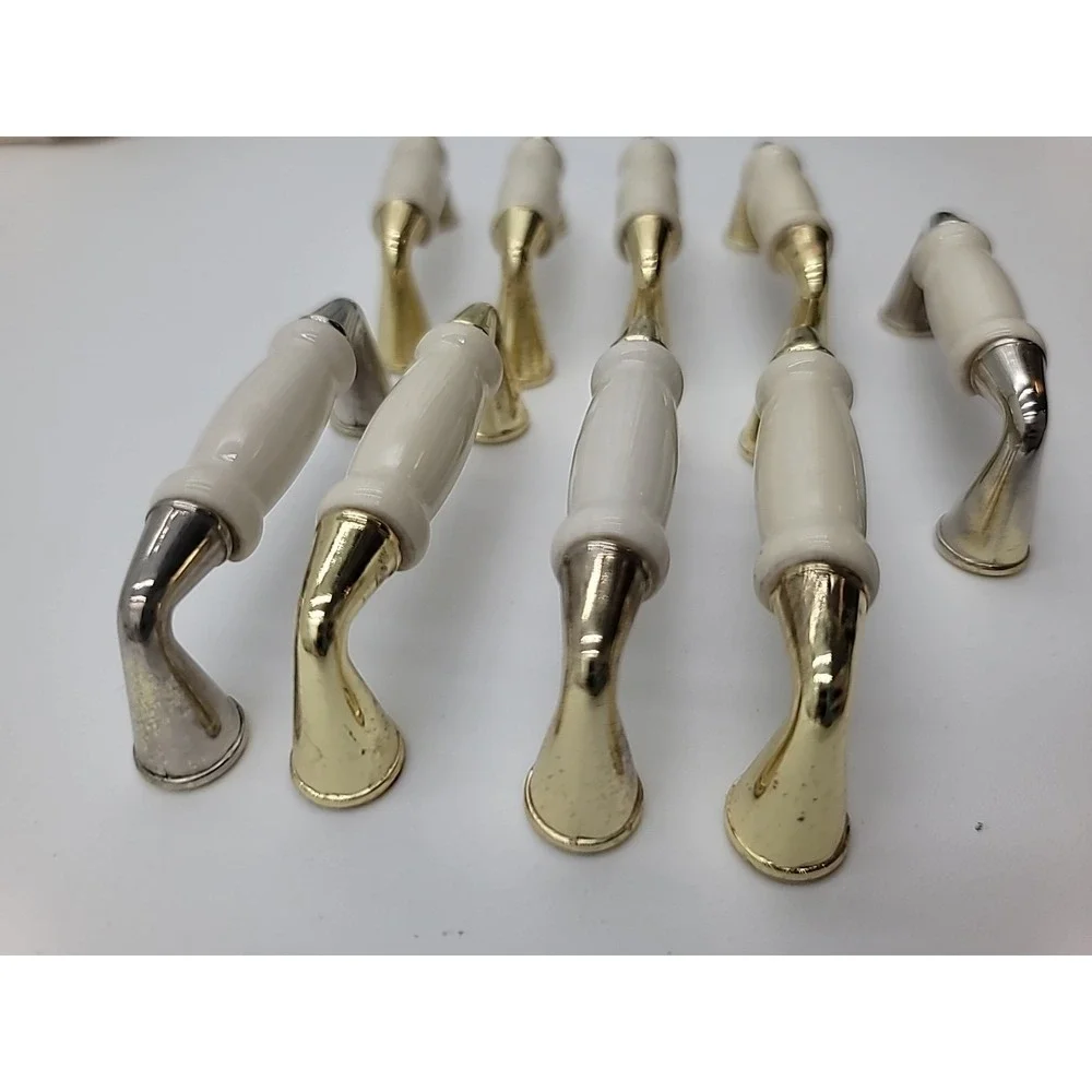 VTG‎ 9pc Brass Beige Ceramic Cabinet Handles Drawer Pulls 3